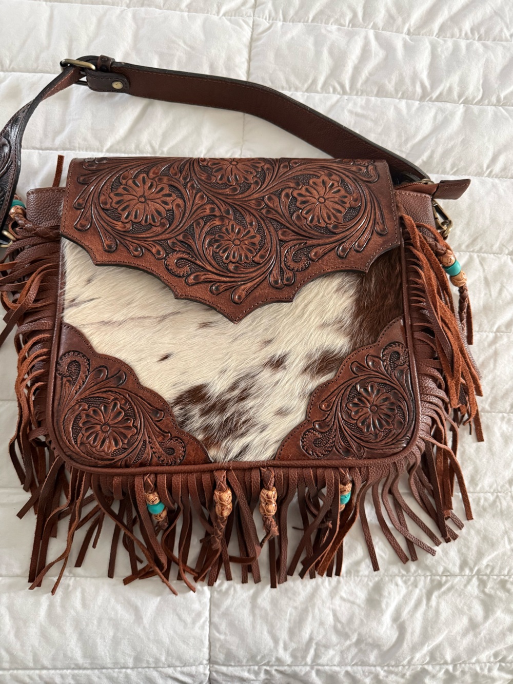 American Darling Brown Leather & White Cowhide Tooled Fringe Crossbody